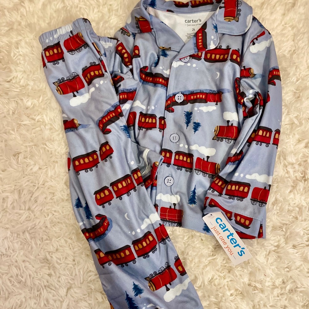 Carters Just One You Boys‎ Train Pajamas Size 2t Blue Red Long Sleeve